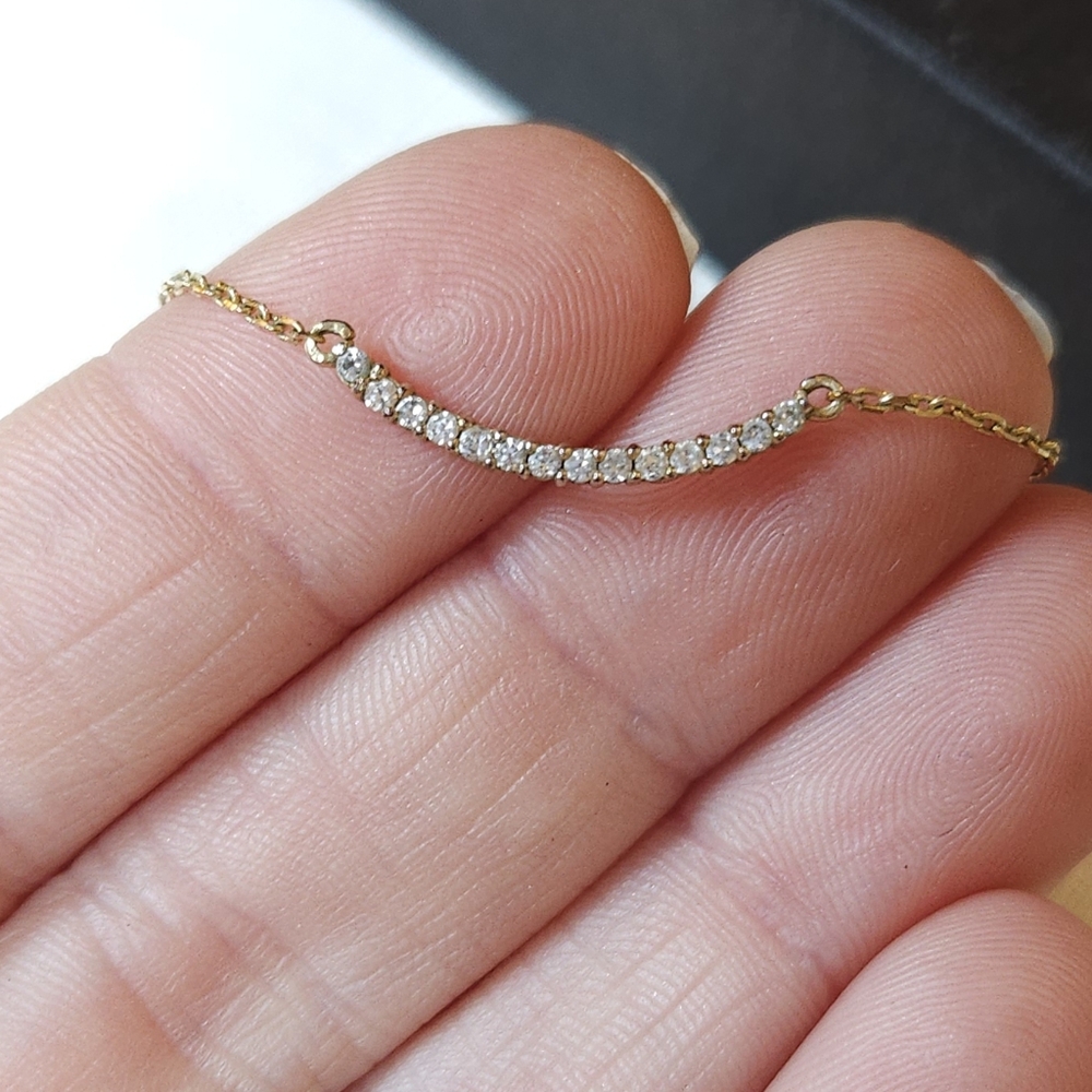 Vintage Dainty Crystal Curve Bar Gold Necklace - Picture 8 of 16